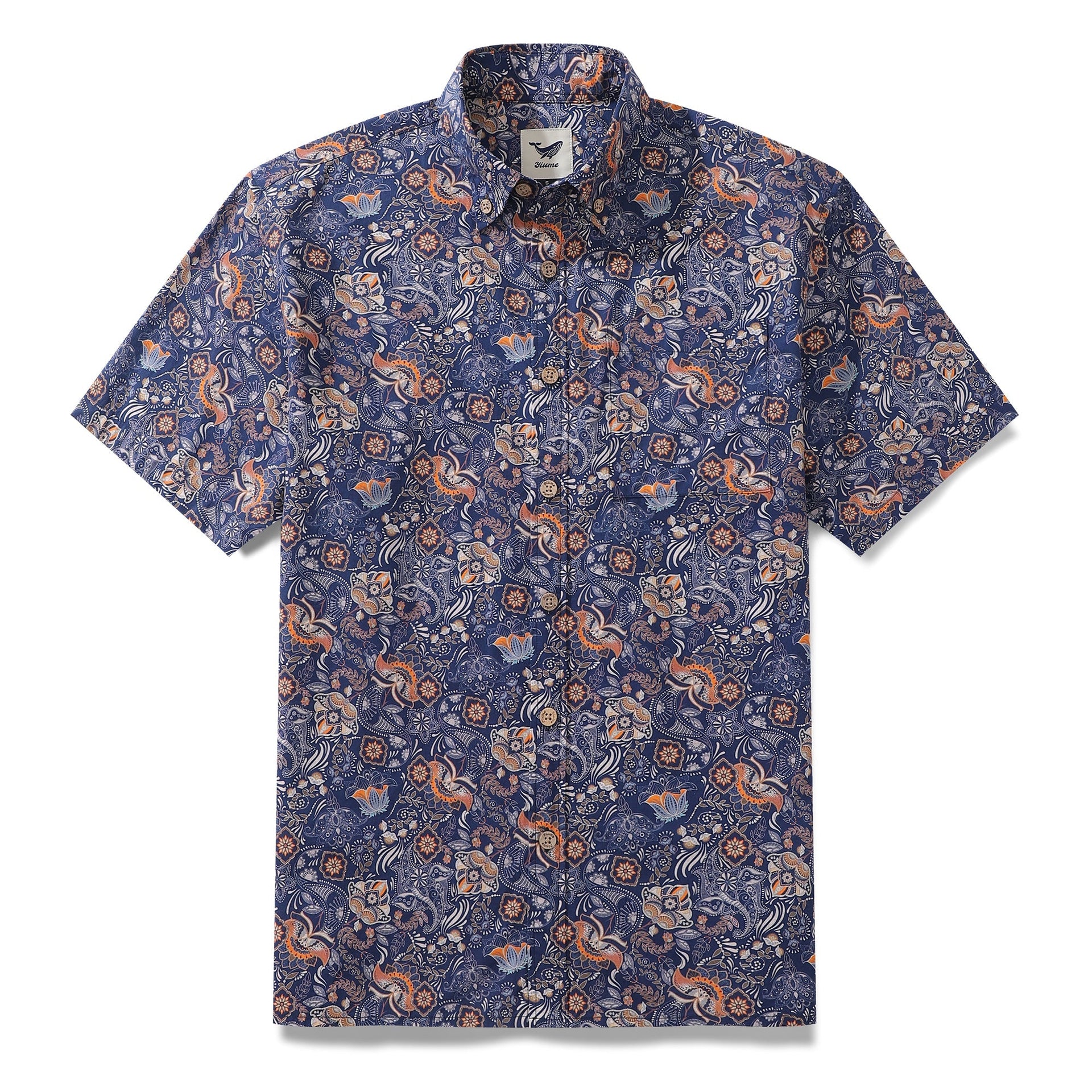 Men's blue and tangerine retro floral print cotton short sleeve Hawaiian shirt