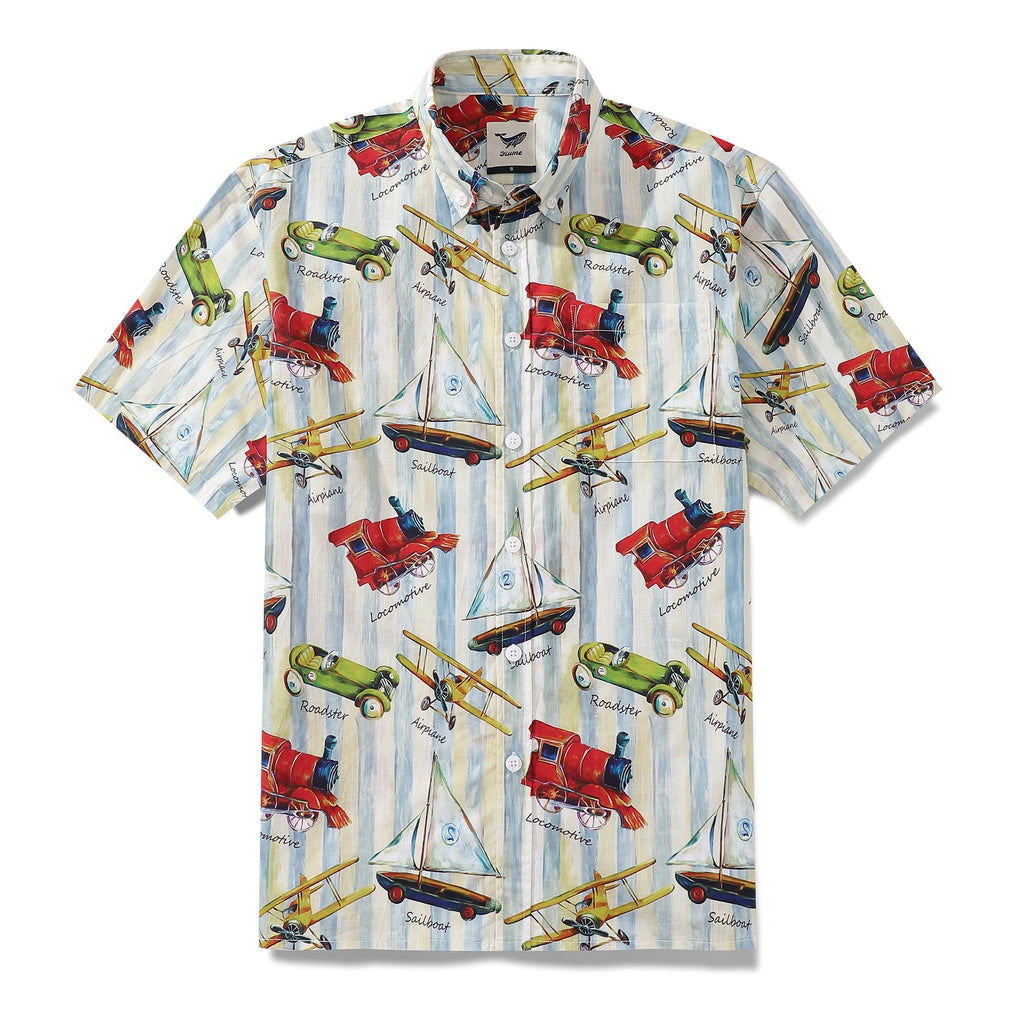 Men's blue and white vintage transportation print short sleeve button-down shirt