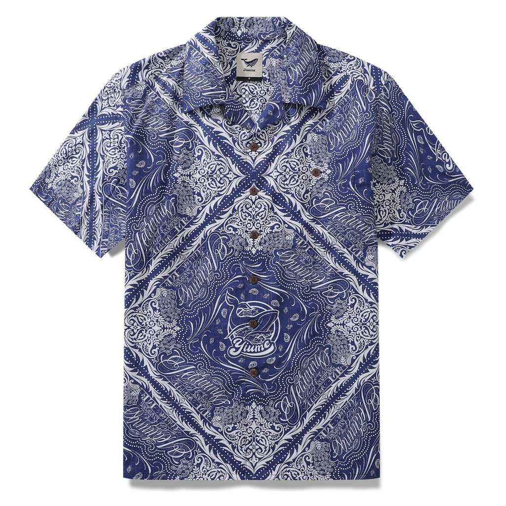 Men's cotton Hawaiian shirt with Yiume branding and paisley-inspired print and camp collar.