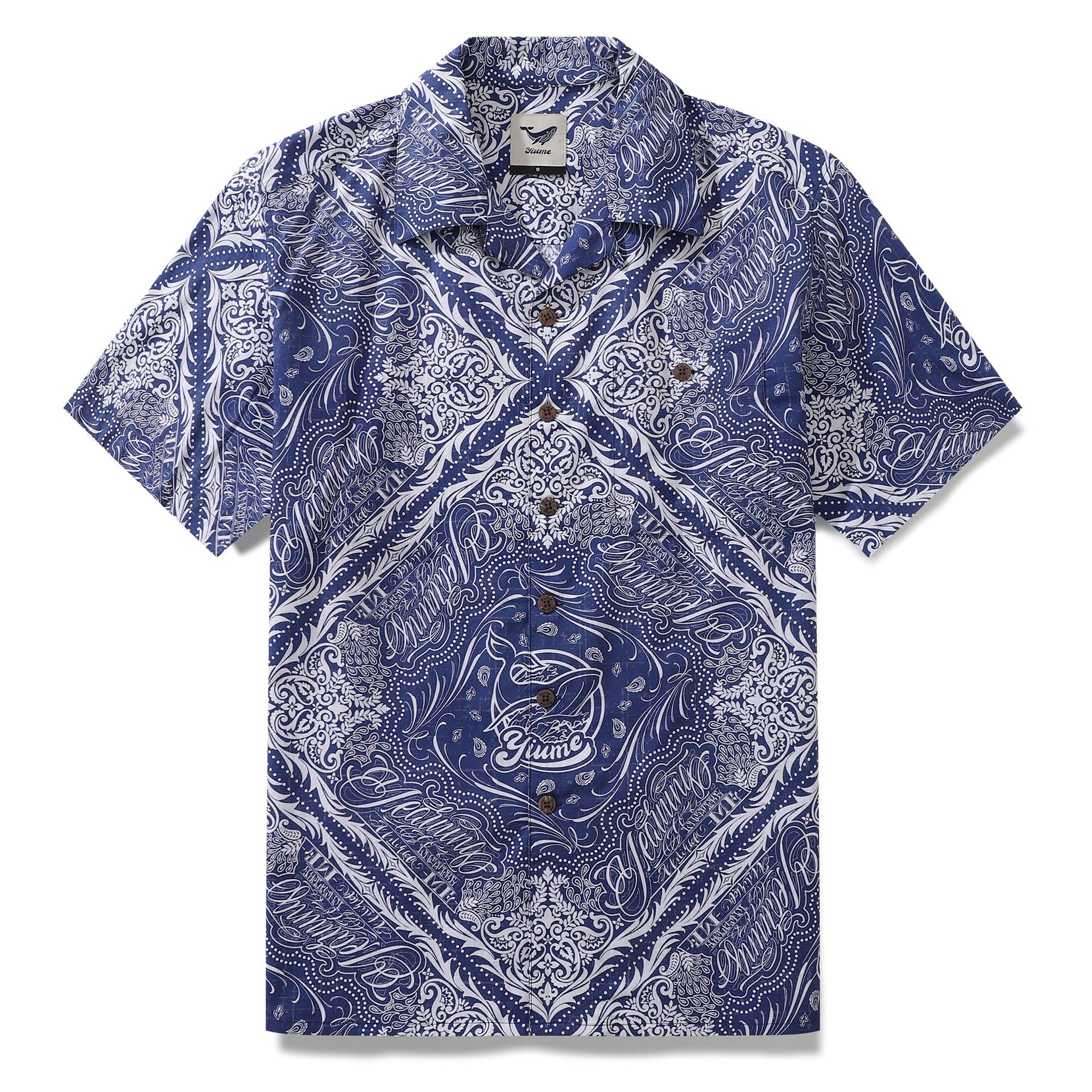 Men's cotton Hawaiian shirt with Yiume branding and paisley-inspired print and camp collar.