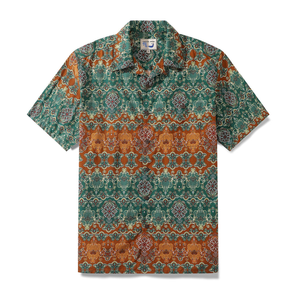 Men's vintage-style Hawaiian shirt featuring an abstract paisley pattern in green and brown.