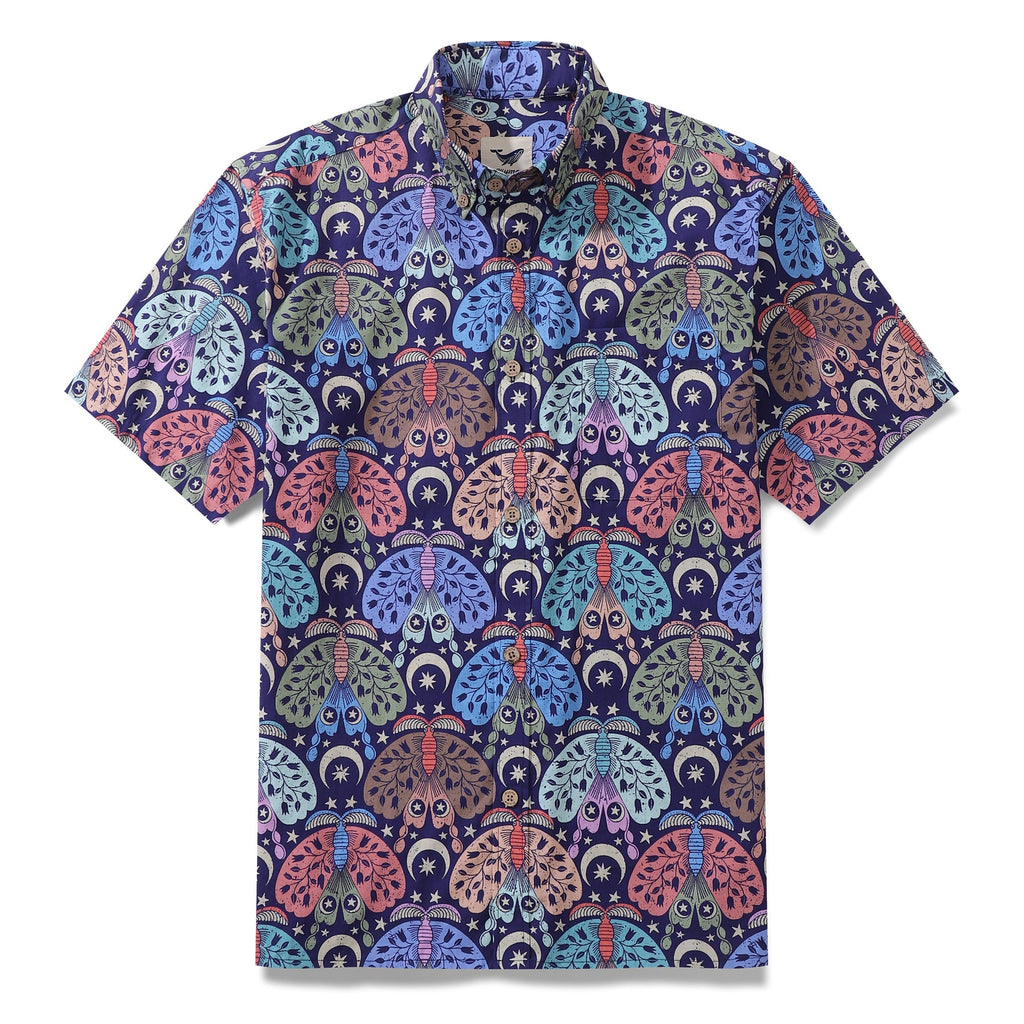 Men's shirt with Moon Moth and celestial sky print on dark blue cotton