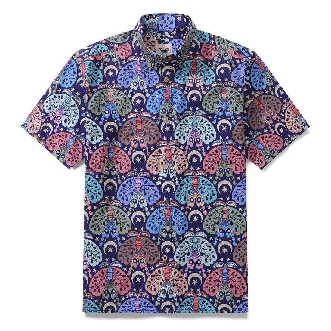 Men's shirt with Moon Moth and celestial sky print on dark blue cotton