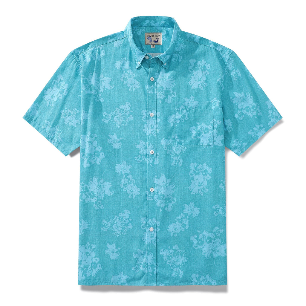 Blue short-sleeve Hawaiian shirt with floral lily print