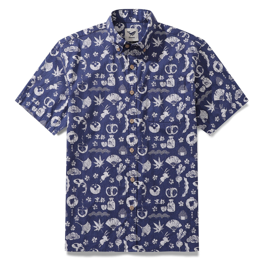 Men's cotton Hawaiian shirt with Kyoto-inspired block print design and short sleeves