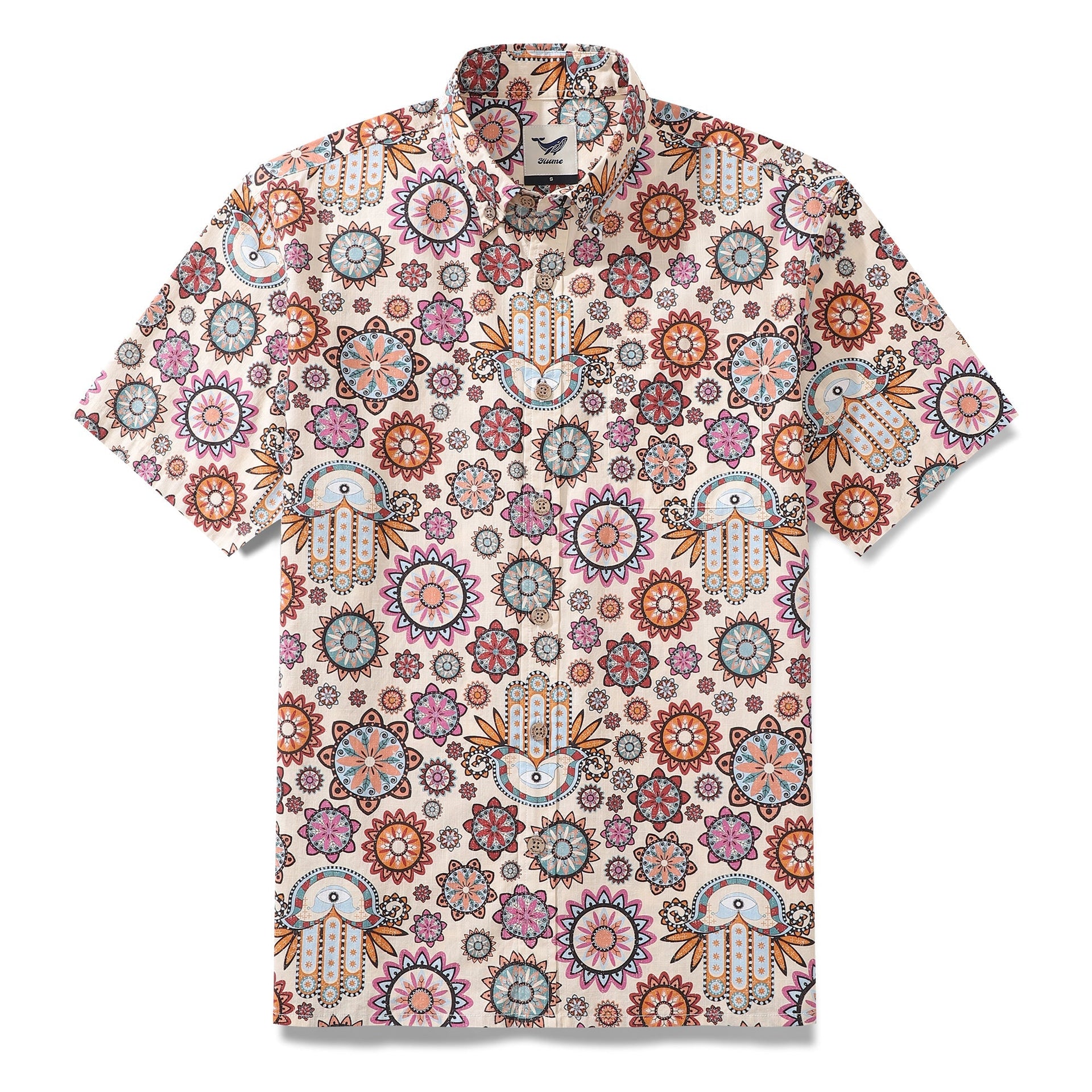 Men's cotton Hawaiian shirt with a spiritual Hamsa Hand print in short sleeve button-down style