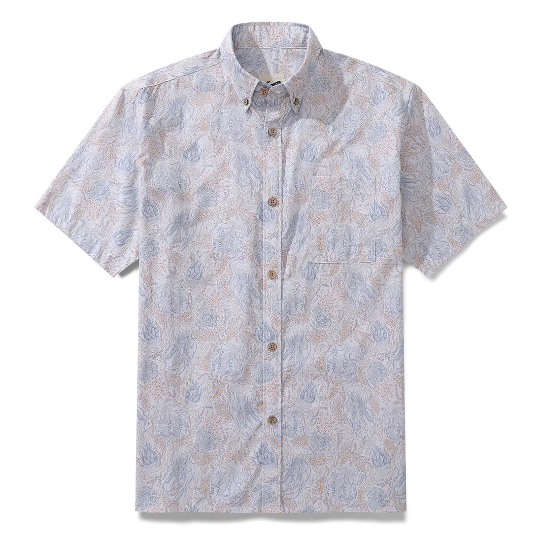 Men's short sleeve button-down aloha shirt featuring a jellyfish seascape print in neutral and blue tones.