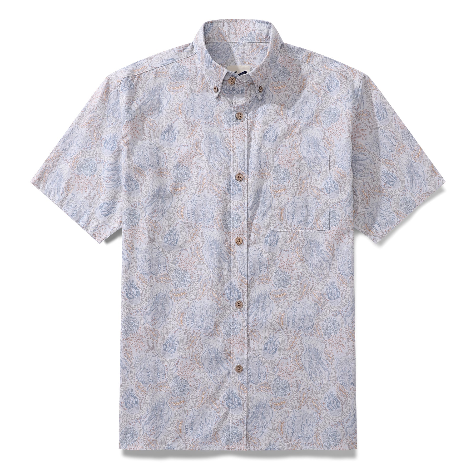 Men's short sleeve button-down aloha shirt featuring a jellyfish seascape print in neutral and blue tones.