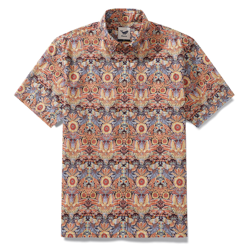 Vintage style 1940s men's Hawaiian shirt featuring a mystical garden bird and floral print.