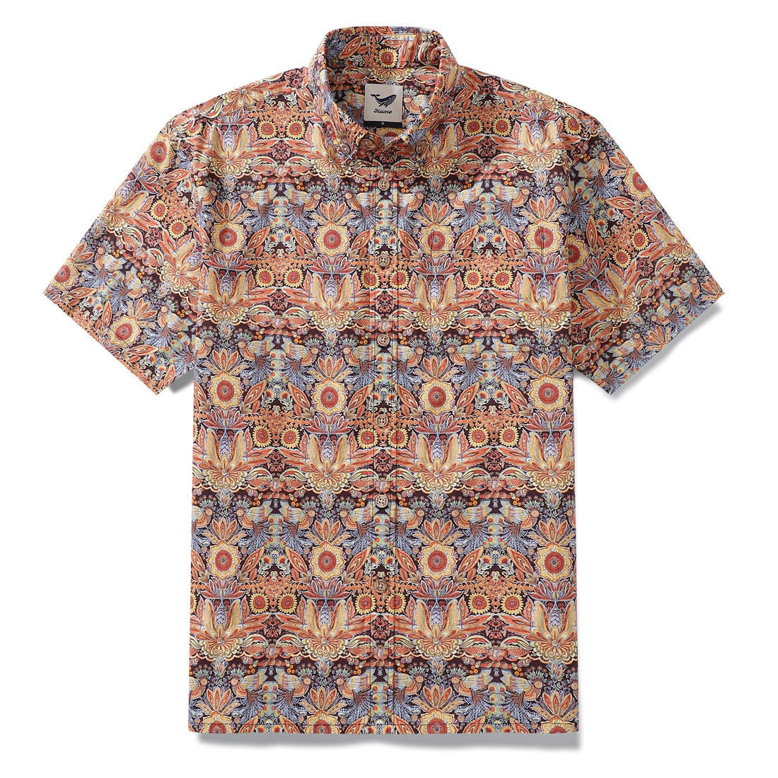 Vintage style 1940s men's Hawaiian shirt featuring a mystical garden bird and floral print.