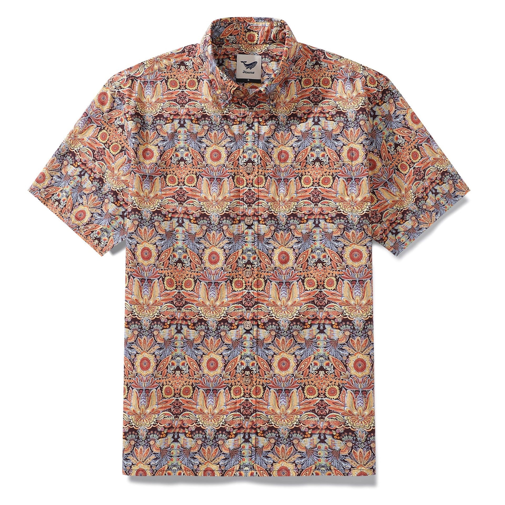 Vintage style 1940s men's Hawaiian shirt featuring a mystical garden bird and floral print.