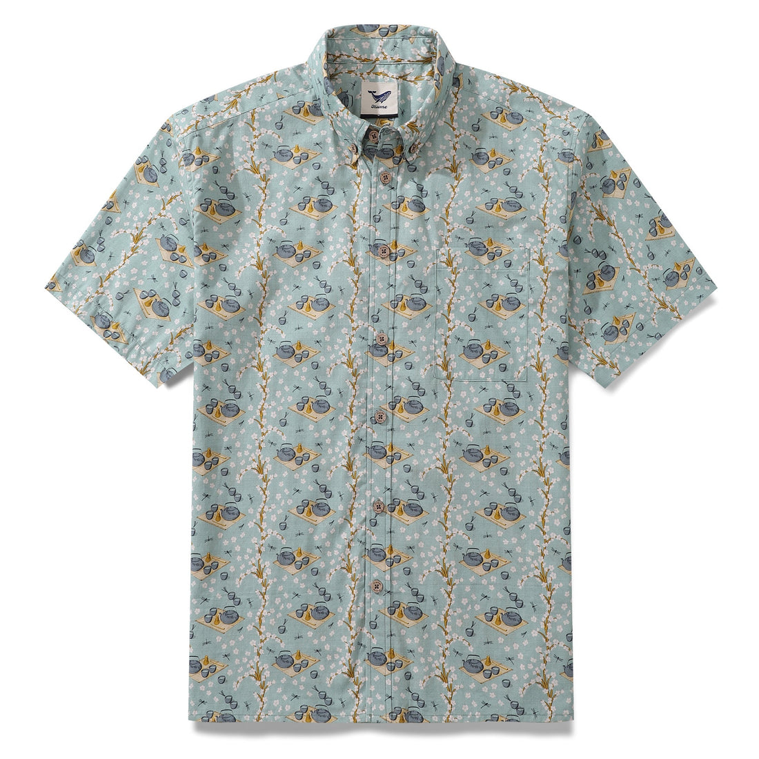 Men's relaxed fit cotton Hawaiian shirt in pastel blue with cherry blossom and tea set print