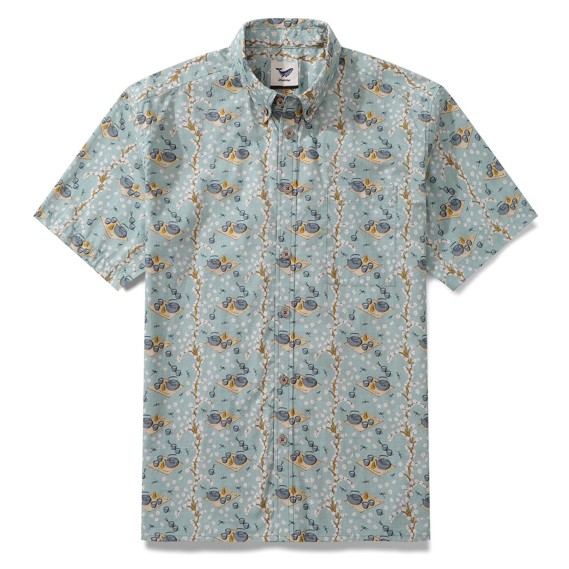 Men's relaxed fit cotton Hawaiian shirt in pastel blue with cherry blossom and tea set print