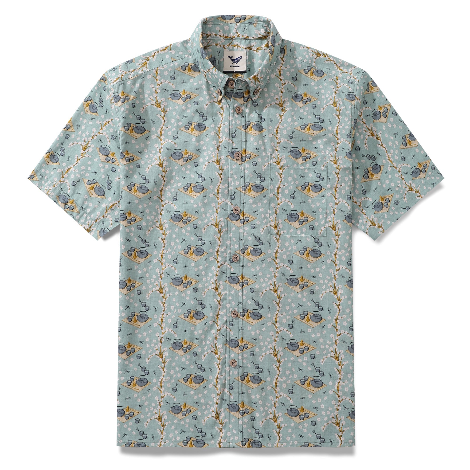 Men's relaxed fit cotton Hawaiian shirt in pastel blue with cherry blossom and tea set print