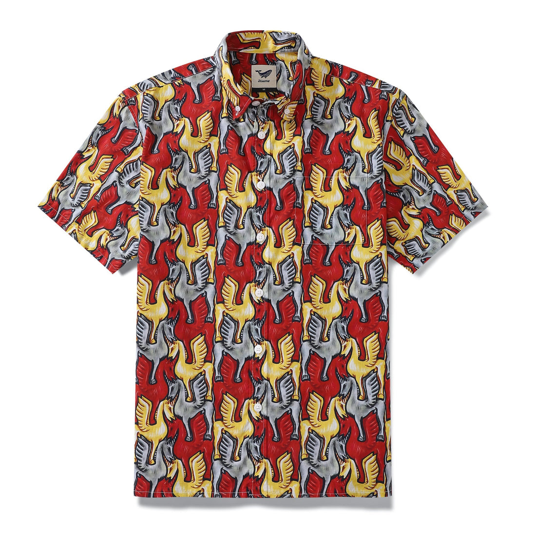 1980s vintage style men's Hawaiian shirt with unicorn abstract print in red, yellow, and grey