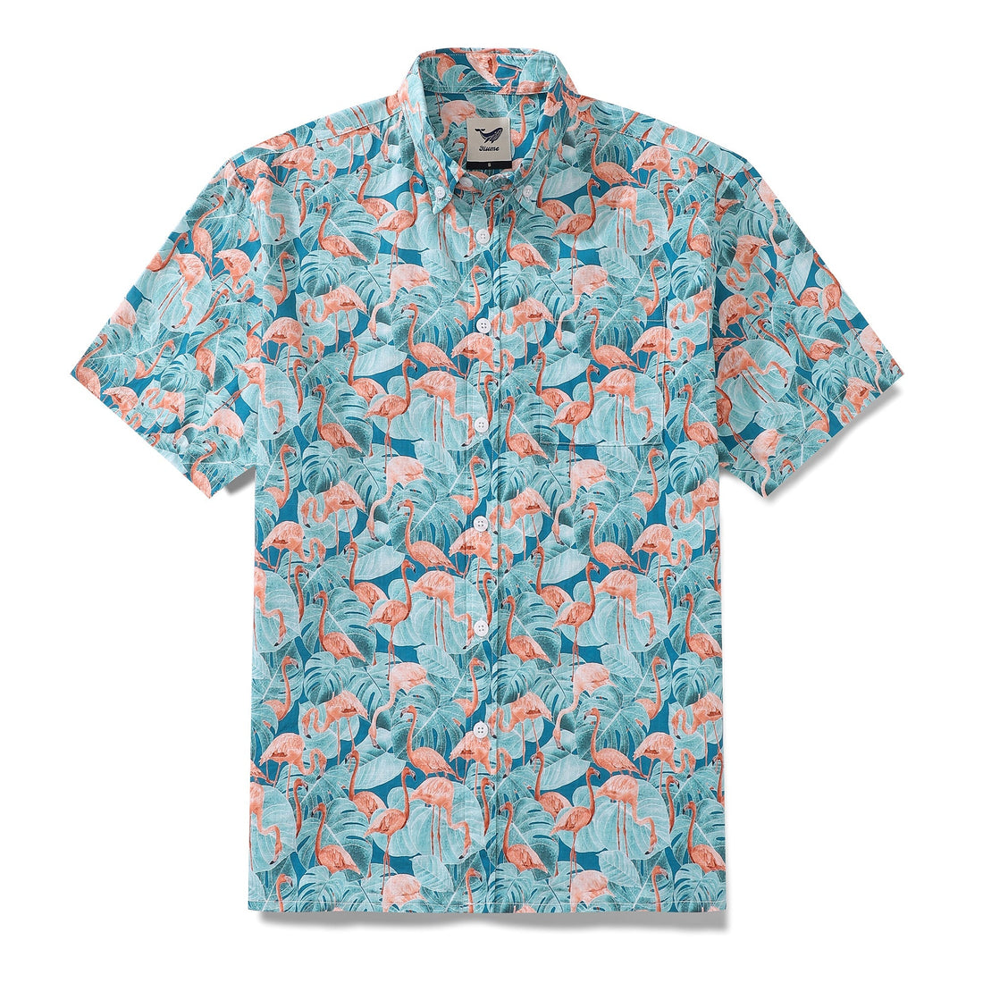 Men's teal, peach, and white flamingo and bamboo print cotton Hawaiian shirt