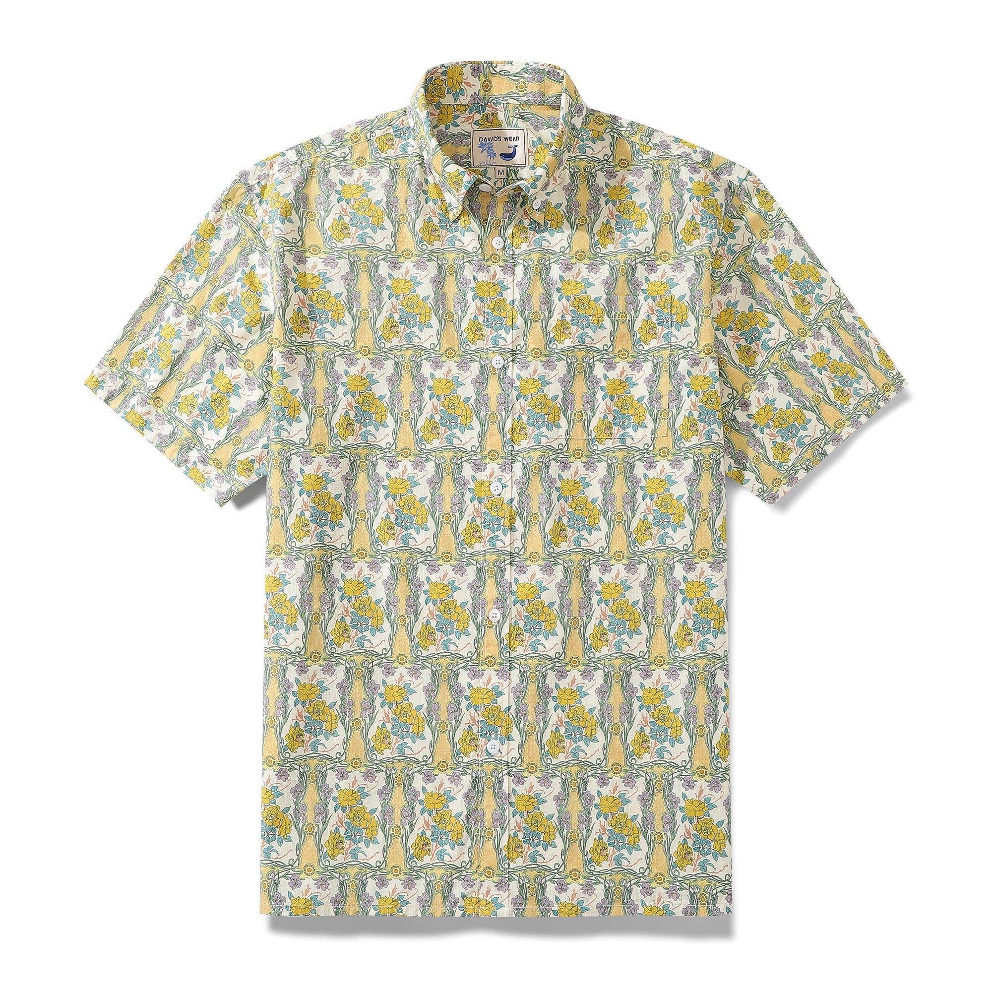Men's retro Hawaiian shirt featuring a floral rose and iris print with short sleeves.