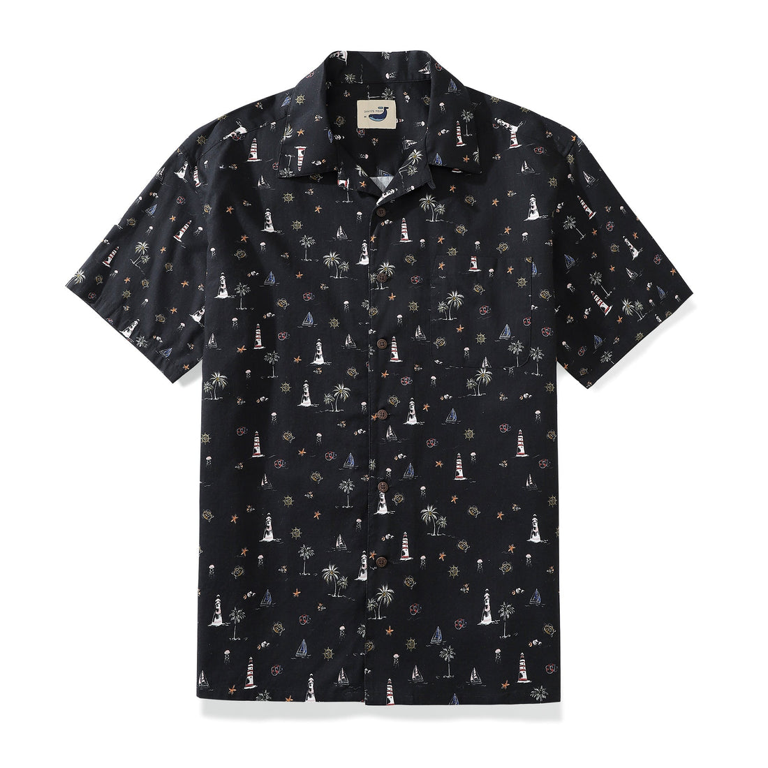 Men's black camp collar Hawaiian shirt with lighthouse illustrations.