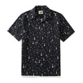 Men's black camp collar Hawaiian shirt with lighthouse illustrations.