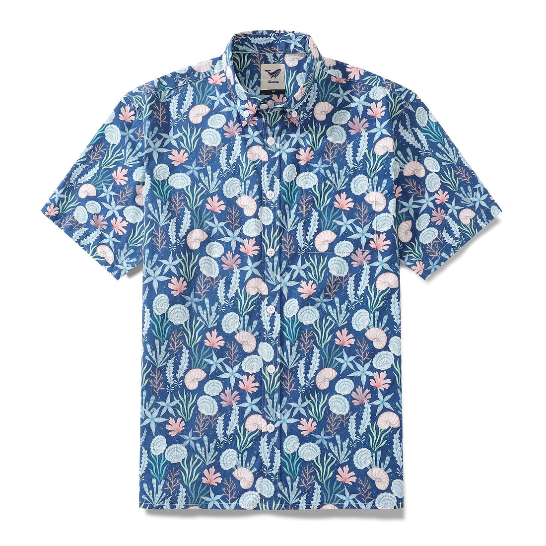 Men's blue and pink floral print 100% cotton button-down Aloha shirt