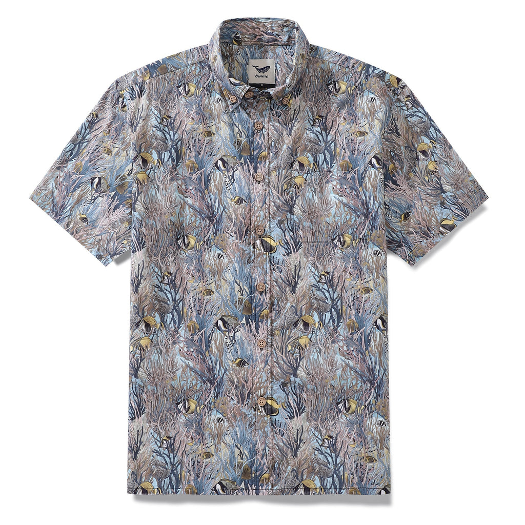 Men's short sleeve Hawaiian shirt featuring a tropical fish and seagrass print on cotton fabric.