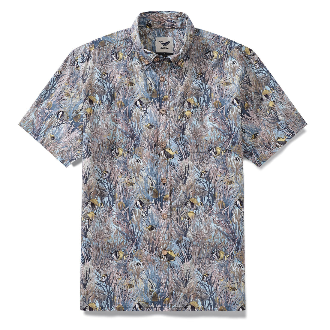 Men's short sleeve Hawaiian shirt featuring a tropical fish and seagrass print on cotton fabric.