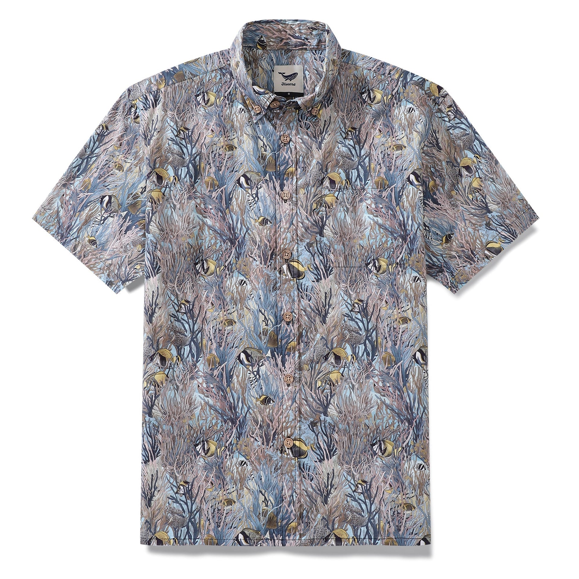 Men's short sleeve Hawaiian shirt featuring a tropical fish and seagrass print on cotton fabric.
