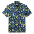 Men's Blue Planet Earth Day Hawaiian shirt featuring a galaxy backdrop, green earth graphic, and leaf patterns.