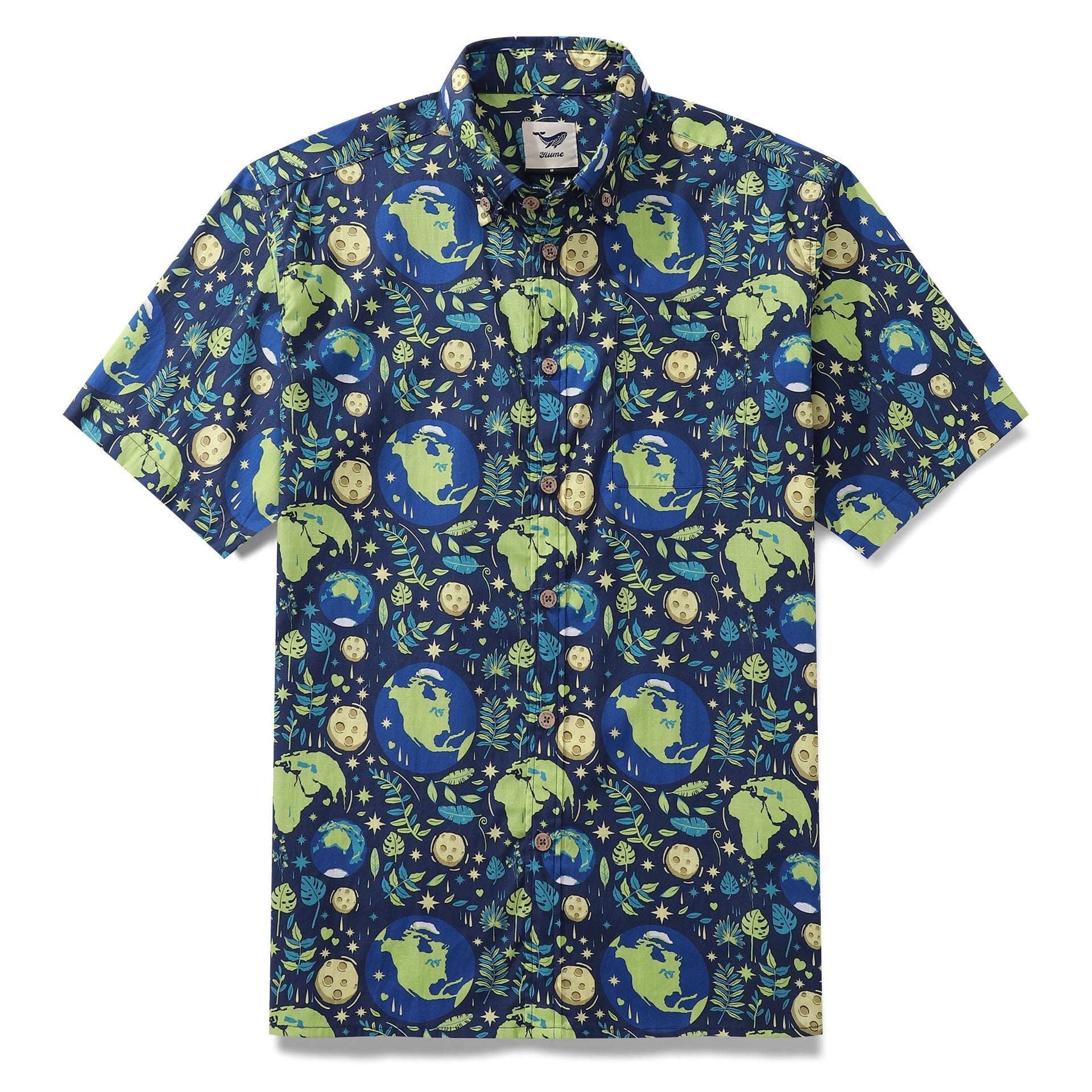 Men's Blue Planet Earth Day Hawaiian shirt featuring a galaxy backdrop, green earth graphic, and leaf patterns.