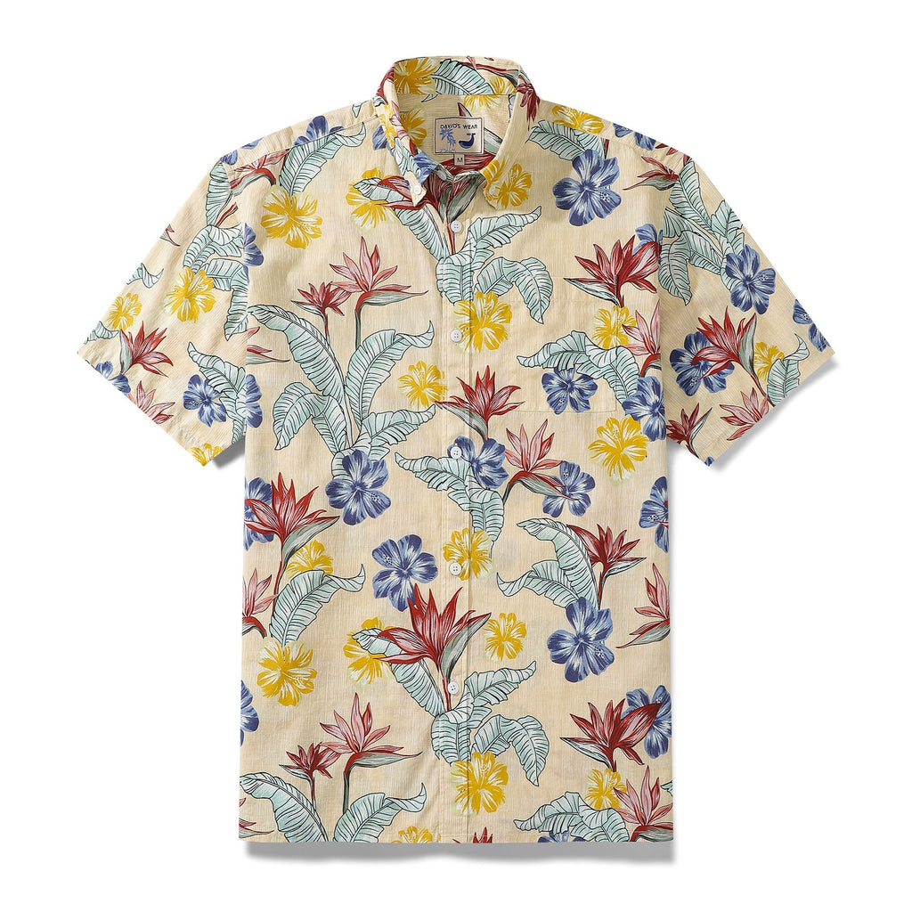Vintage 1940s style Hawaiian shirt with bird of paradise and hibiscus flower print