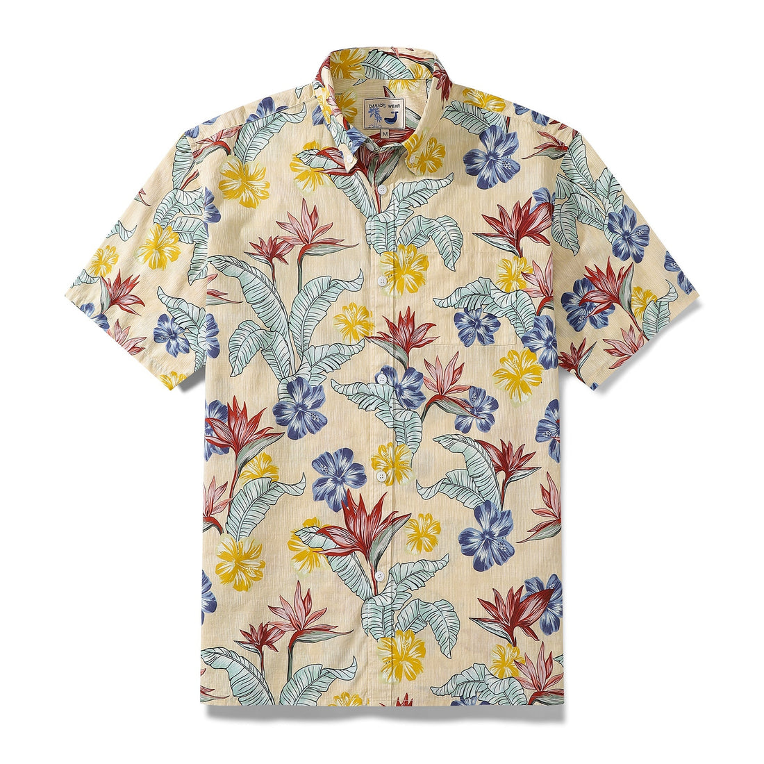 Vintage 1940s style Hawaiian shirt with bird of paradise and hibiscus flower print