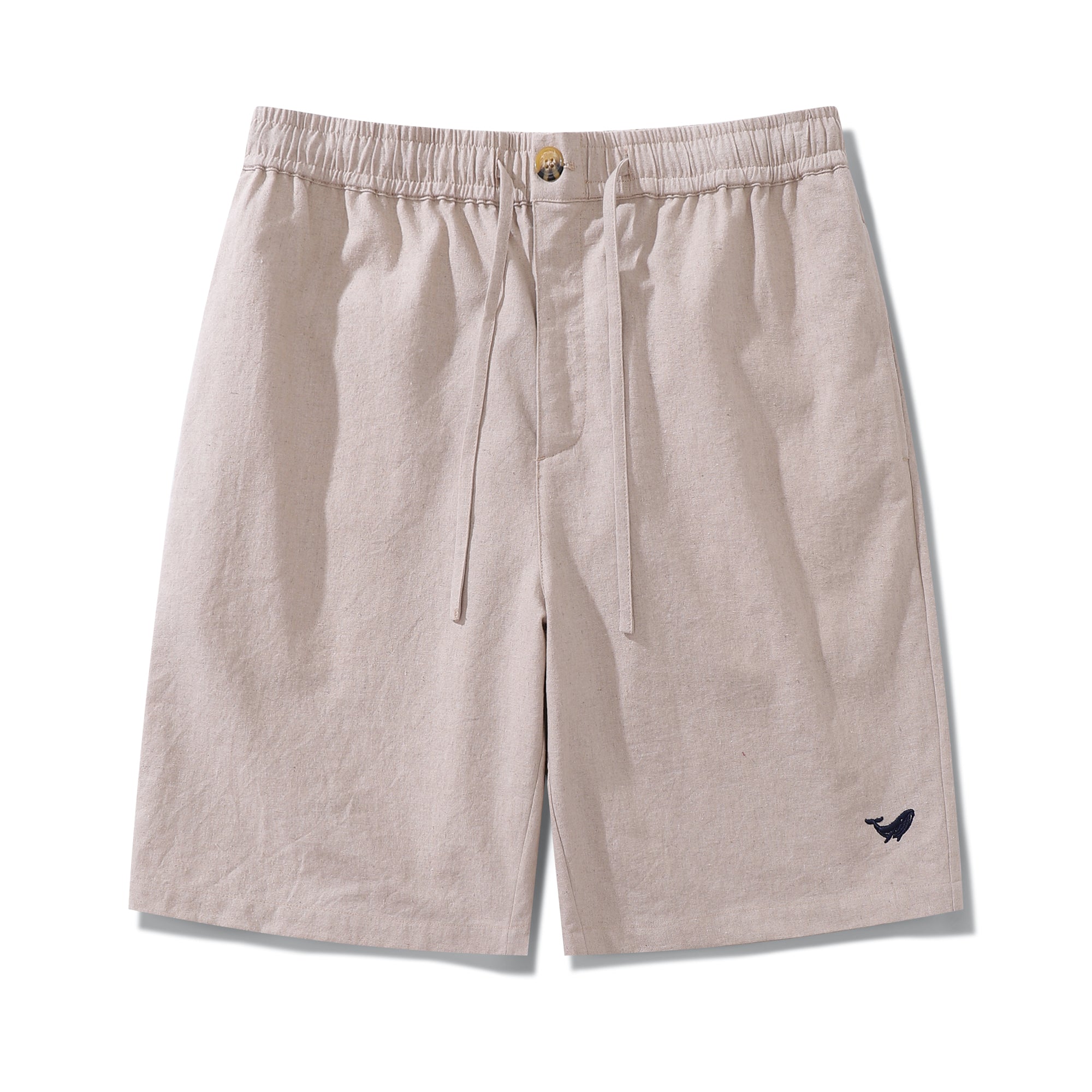 Men wearing relaxed fit flax beige linen Bermuda shorts with mid-rise and zip-fly closure.