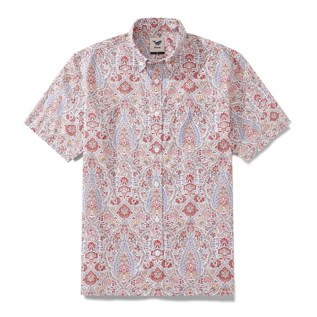Men wearing a classic floral pattern Hawaiian button-down shirt in a tropical setting