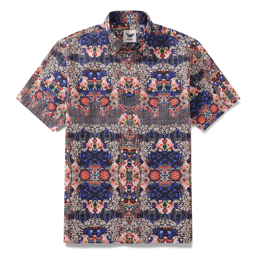Men's 1940s vintage style floral short-sleeve shirt with delicate vine details