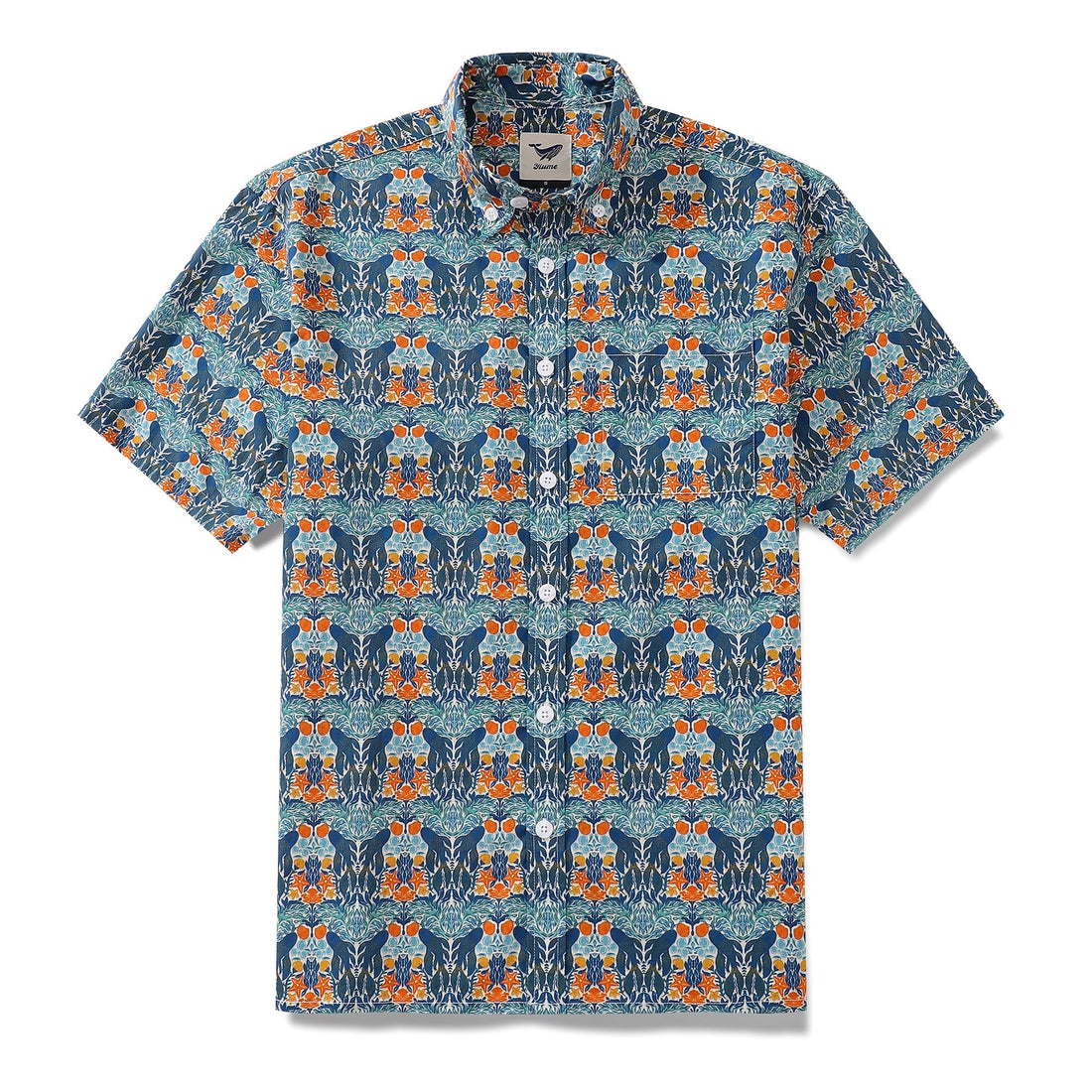 Men's short sleeve shirt with an underwater world print featuring teal and blue tones