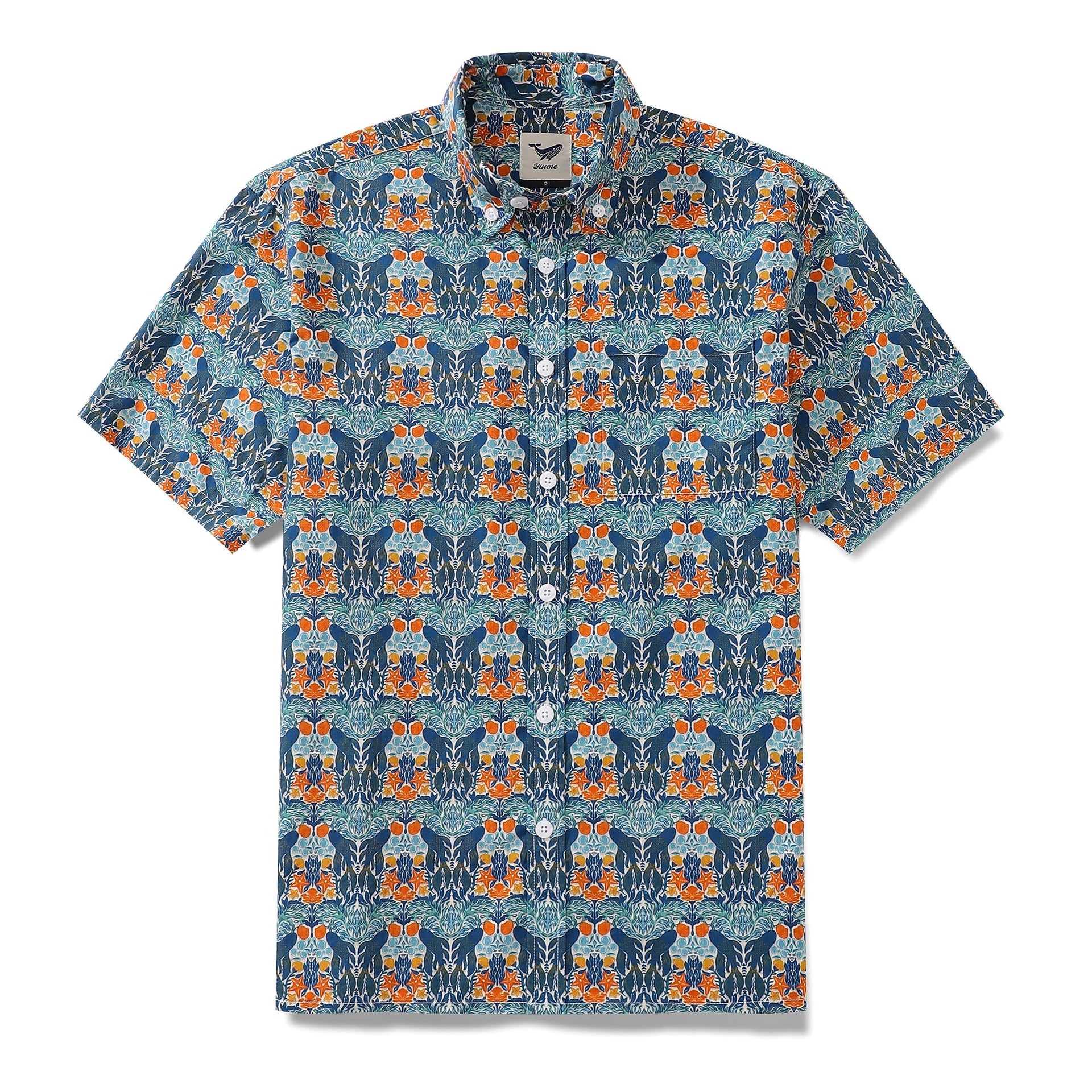 Men's short sleeve shirt with an underwater world print featuring teal and blue tones