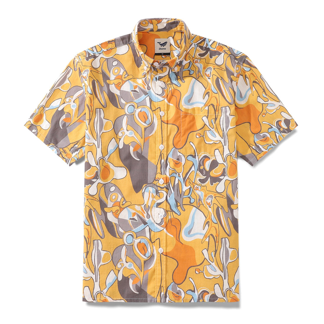 Men's short sleeve cotton shirt with a vibrant abstract tropical and jazz-themed print