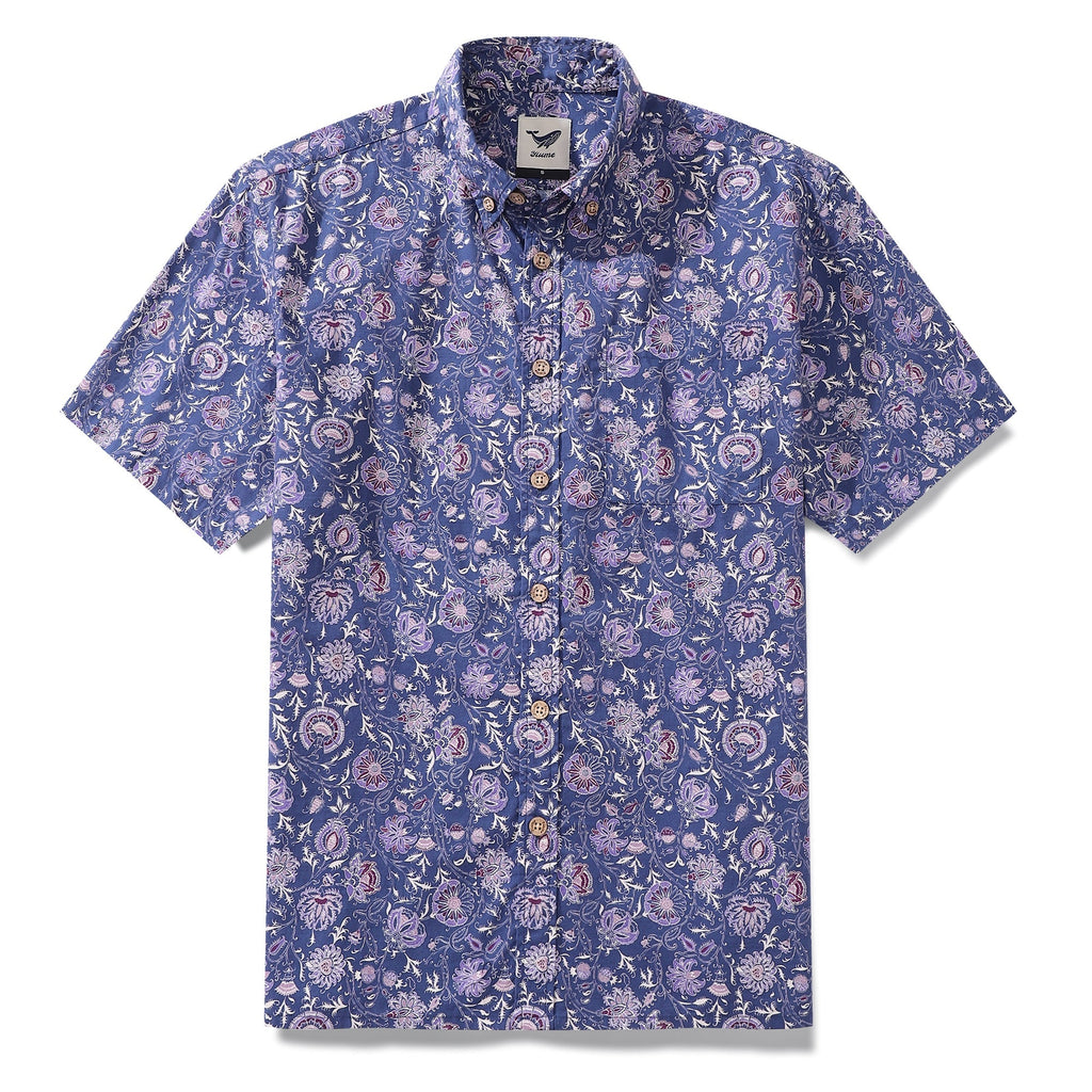 Men's blue and purple floral print Hawaiian shirt with a classic button-down front.