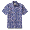 Men's blue and purple floral print Hawaiian shirt with a classic button-down front.