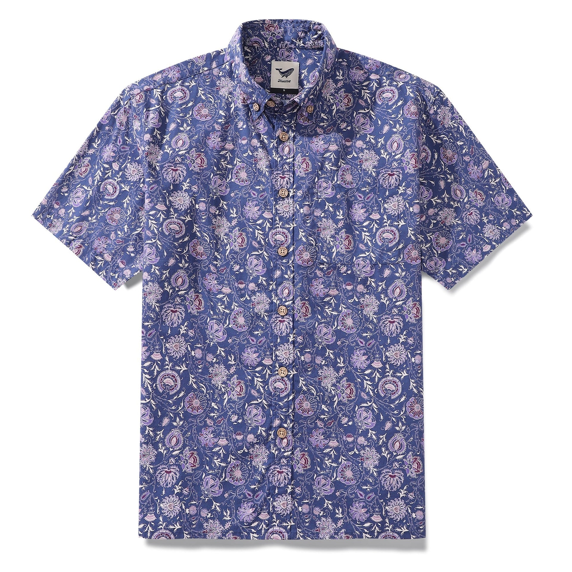 Men's blue and purple floral print Hawaiian shirt with a classic button-down front.