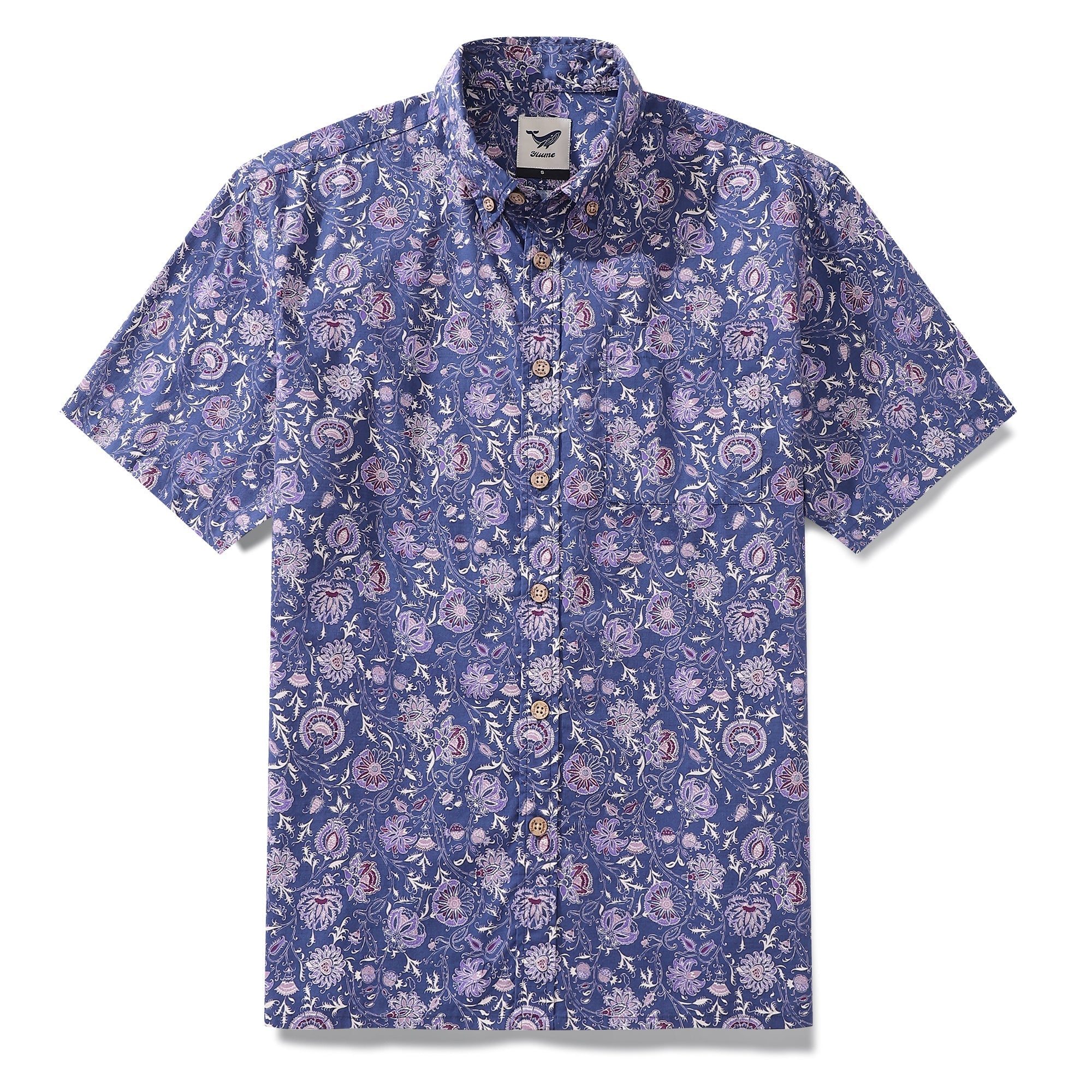 Men's blue and purple floral print Hawaiian shirt with a classic button-down front.