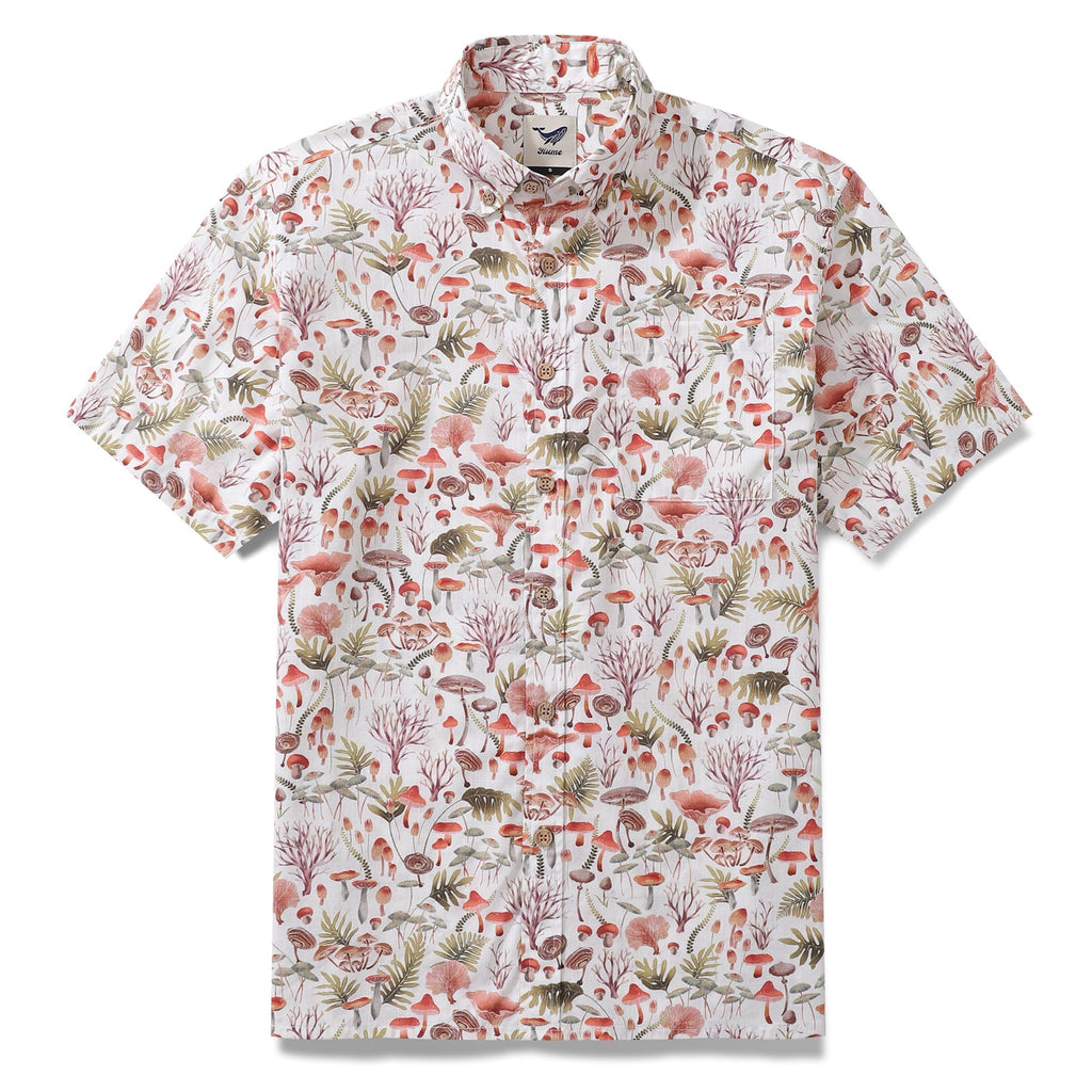 Close up of men's mushroom print Hawaiian cotton button-down shirt