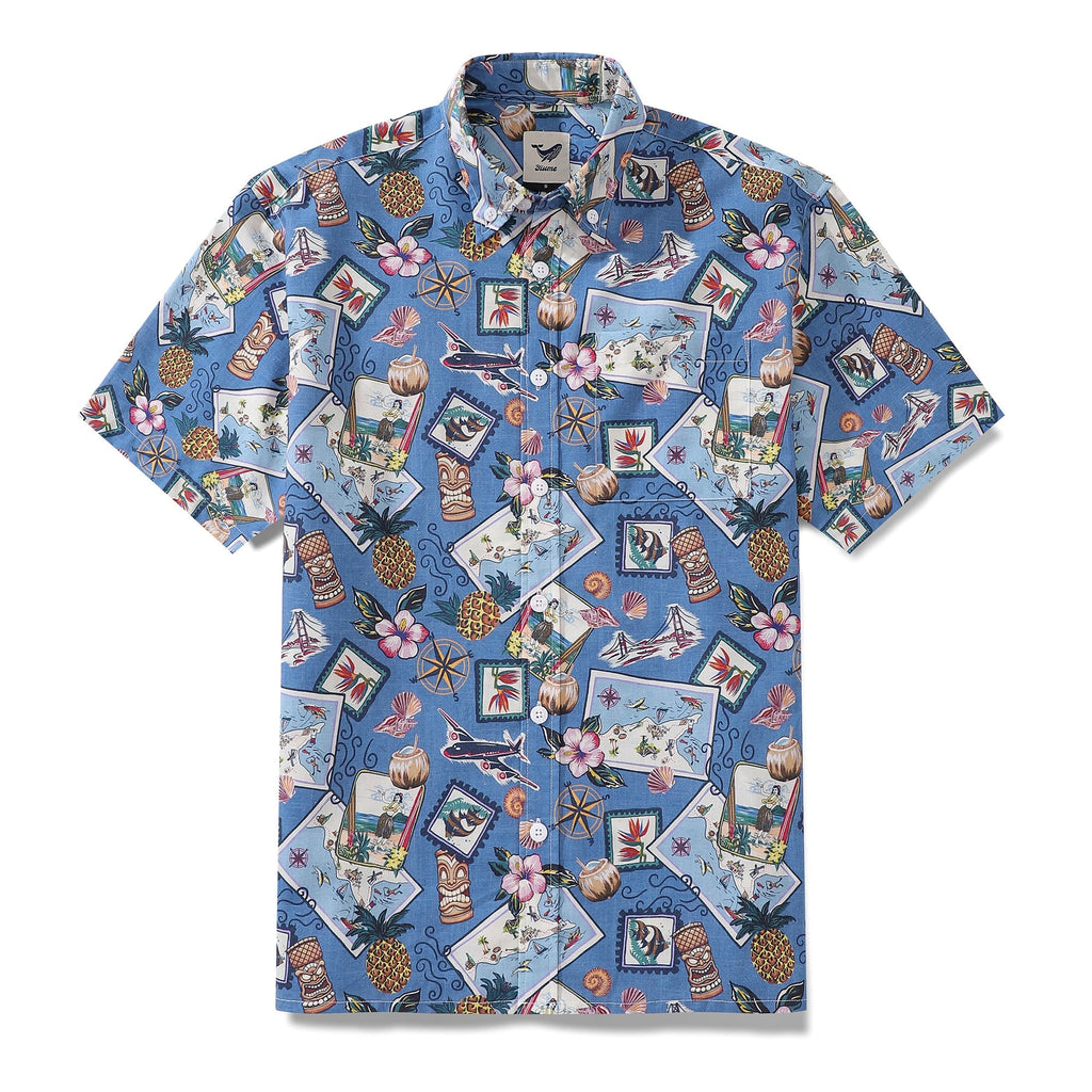 1970s vintage-inspired Hawaiian shirt with tropical hibiscus, seashell, and pineapple pattern