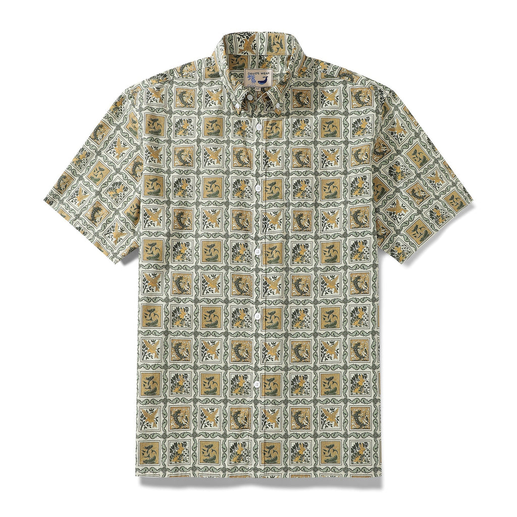 Orange short sleeve Hawaiian shirt with seahorse grid pattern