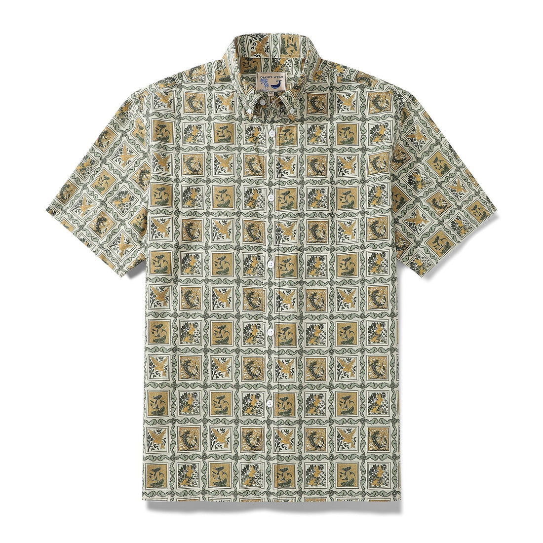 Orange short sleeve Hawaiian shirt with seahorse grid pattern