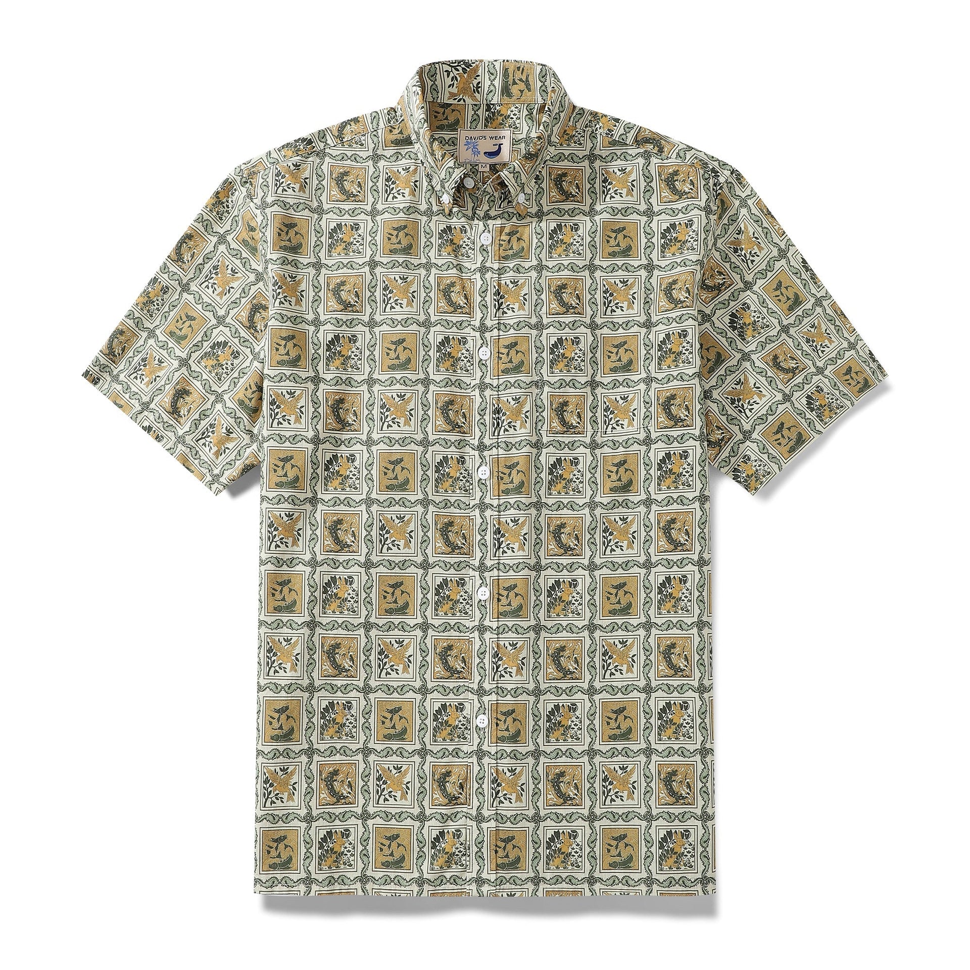 Orange short sleeve Hawaiian shirt with seahorse grid pattern