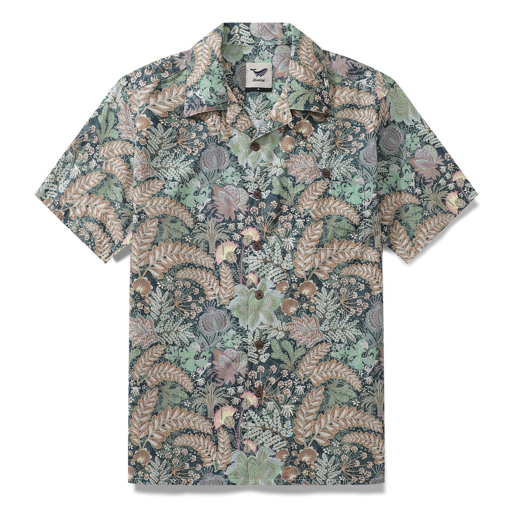 Men wearing a 1950s vintage green and brown botanical print Hawaiian shirt with a camp collar.