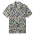 Men wearing a 1950s vintage green and brown botanical print Hawaiian shirt with a camp collar.