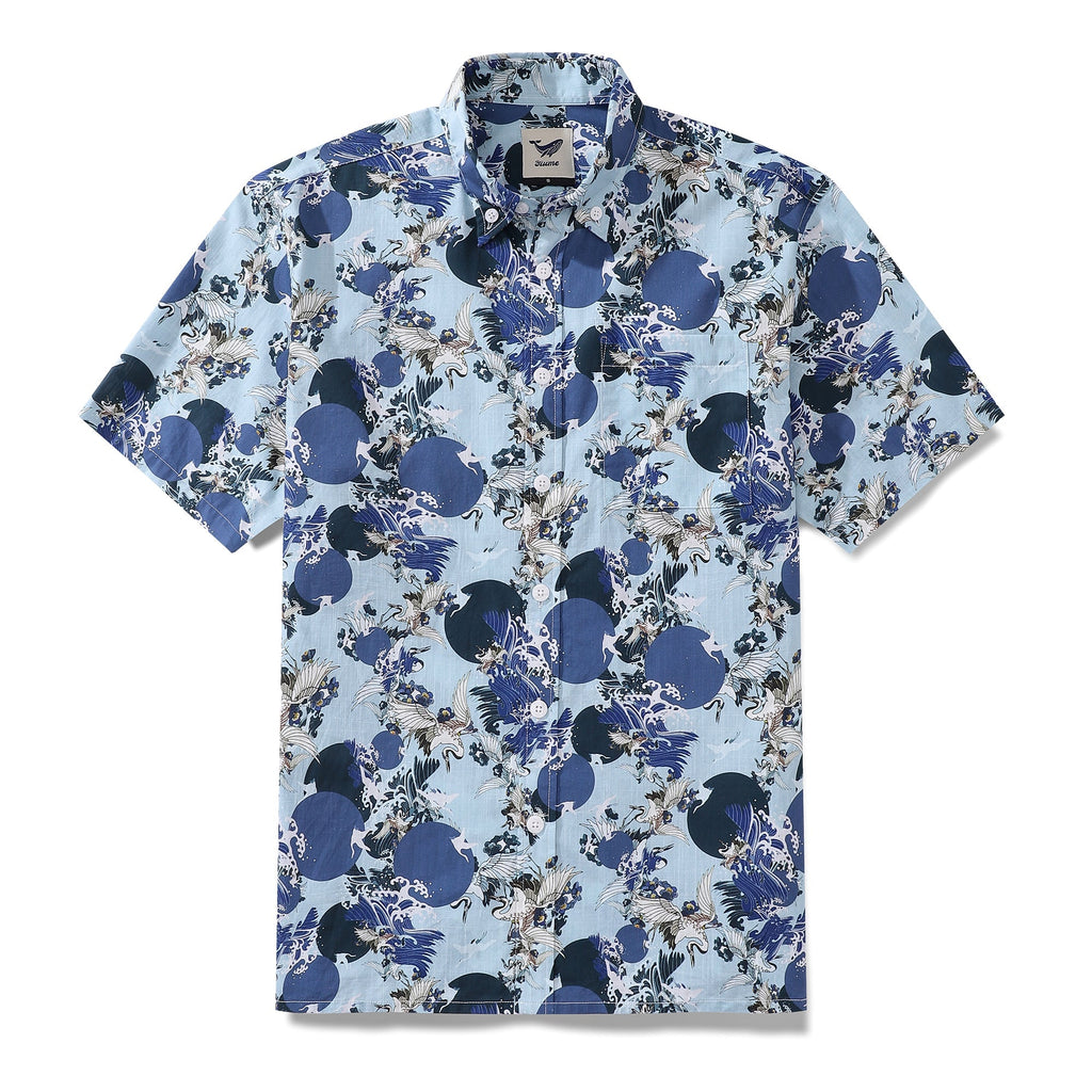 Men's navy blue and light blue crane and wave print cotton shirt