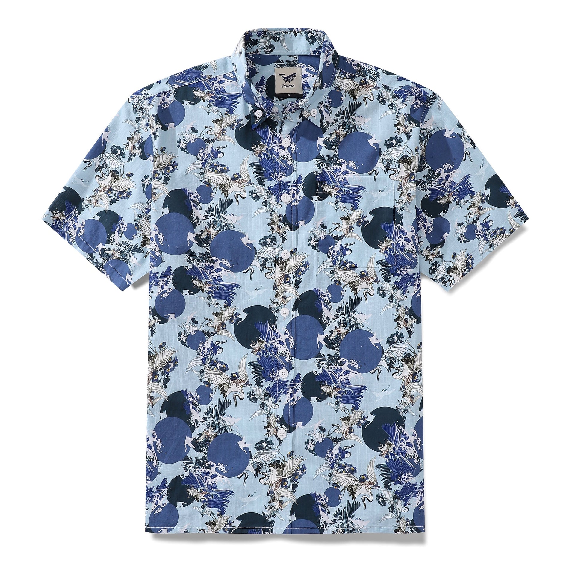 Men's navy blue and light blue crane and wave print cotton shirt